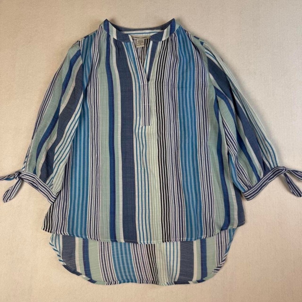 Sabrina Lauren blue, white, and blue vertical striped rayon blouse Size S